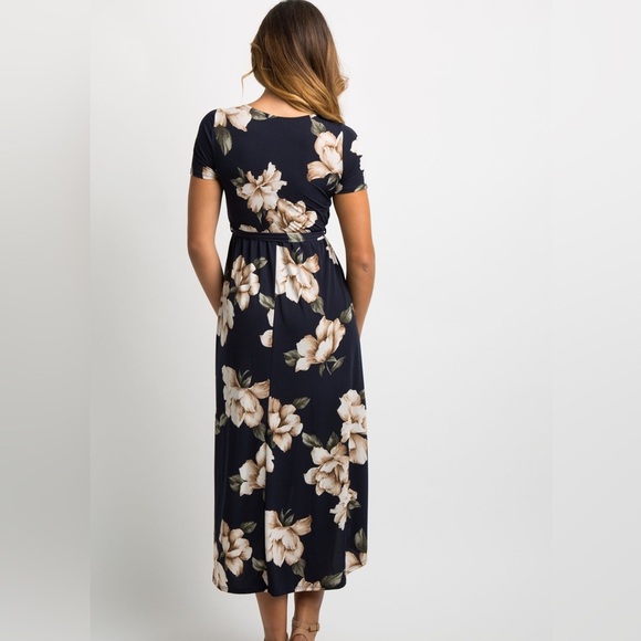 PinkBlush Navy Floral High-Lo Maternity Wrap Dress - Picture 4 of 5